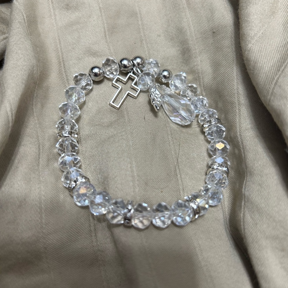 Crystal style glass beaded Angel & Cross Stretch Bracelet - Women Jewelry - Picture 2 of 4